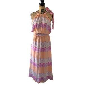 Small Calypso St Barth silk maxi halter dress, peach lavender purple white print